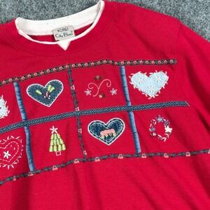 Koret City Blues GrandmaCore Embroidered Hearts Christmas Holiday Sweatshirt L